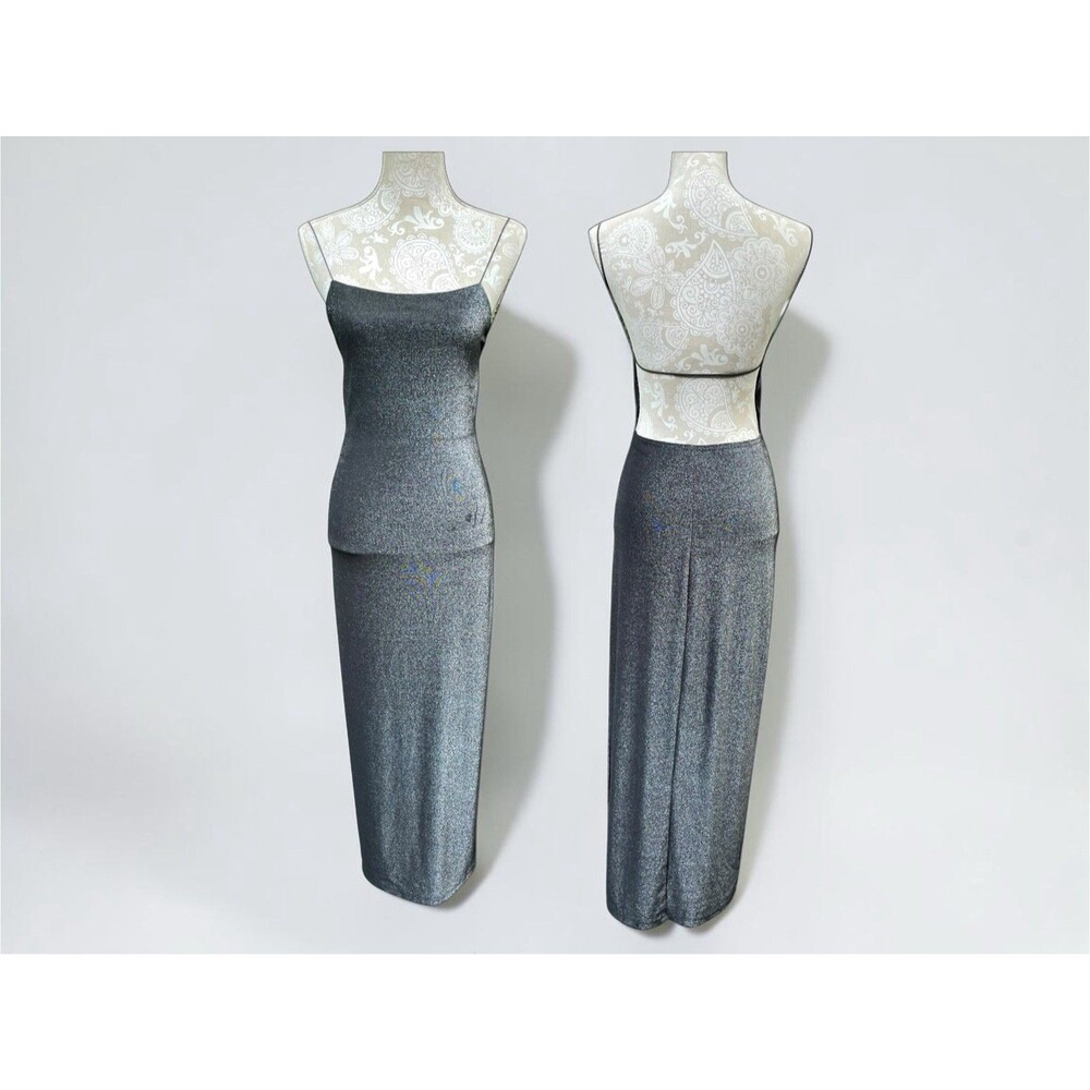 Y2K 90s Minimalist Shimmer Open Back Column Maxi Dress Silver Black Size M Read
